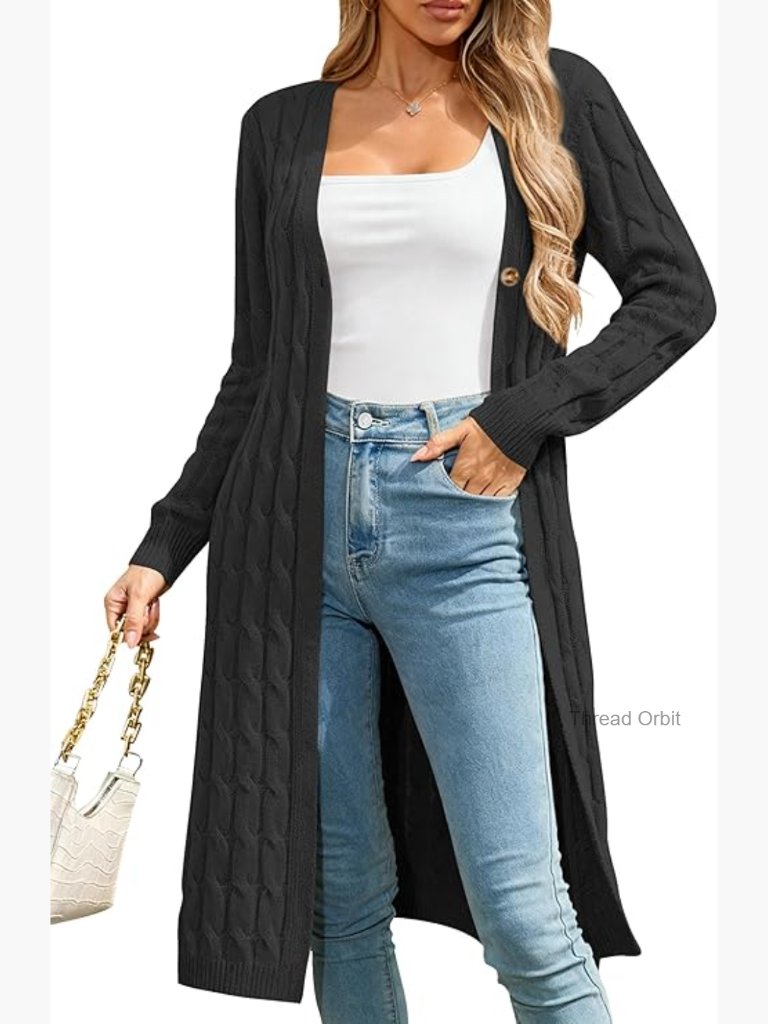 Long Cable Knit Cardigan Sweater, Chunky Open Front, Heavyweight Acrylic